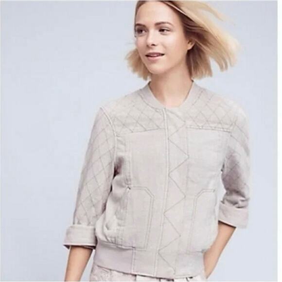 HEI HEI anthropologie Linen Blend bomber Zip up Front Jacket Beige boho L women - Picture 2 of 11